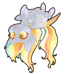 Size: 750x817 | Tagged: safe, artist:fuyusfox, derpy hooves, pegasus, pony, g4, :p, chibi, cute, female, mare, on back, rainbow power, rainbow power-ified, silly, simple background, solo, tongue out, transparent background, upside down, watermark, wings