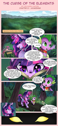 Size: 1024x2217 | Tagged: safe, artist:wilvarin-liadon, spike, twilight sparkle, alicorn, dragon, pony, comic:the curse of the elements, g4, book, comic, dialogue, forest, glowing horn, horn, magic, reading, saddle bag, speech bubble, tree, twilight sparkle (alicorn)