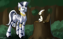 Size: 3200x2000 | Tagged: safe, artist:kirasunnight, zecora, winged lemur, zebra, g4, avatar the last airbender, bracelet, crossover, ear piercing, earring, female, forest, high res, jewelry, mare, neck rings, one brow raised, piercing, quadrupedal, tree stump, zoomorphic