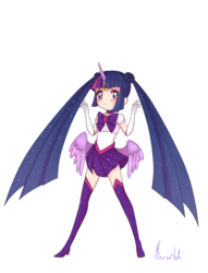 Size: 1373x1795 | Tagged: safe, artist:mizu-witch, twilight sparkle, human, g4, boots, butt wings, clothes, crossover, female, horn, horned humanization, humanized, miniskirt, sailor moon (series), shoes, simple background, skirt, socks, solo, thigh boots, thigh highs, transparent background, winged humanization, wings