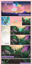 Size: 1024x2048 | Tagged: safe, artist:wilvarin-liadon, nightmare moon, princess celestia, princess luna, alicorn, pony, comic:the curse of the elements, g4, cloud, cloudy, combat, comic, duo, elements of harmony, english, female, fight, flower, flying, horn, magic, moon, plants, sky, speech bubble, sunrise, wings