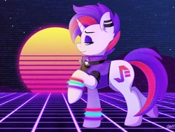 Size: 1432x1077 | Tagged: safe, artist:ciderpunk, oc, oc only, oc:synthwave, pony, glowstick, grid, retro, retrowave, solo, synthwave