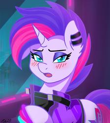 Size: 1300x1451 | Tagged: safe, artist:ciderpunk, oc, oc only, oc:synthwave, pony, cyberpunk, glowstick, looking at you, solo