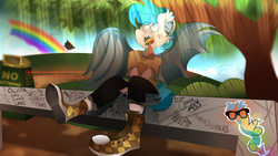 Size: 3840x2160 | Tagged: safe, artist:dannykay4561, oc, oc only, oc:cloud flicker, bat pony, anthro, 4k, anthro oc, apple, bat wings, blue eyes, cauldron, clothes, cute, ear fluff, fangs, food, freckles, graffiti, high res, laser, looking up, male, outdoors, park, race swap, rainbow, shoes, sitting, solo, tree, zap apple