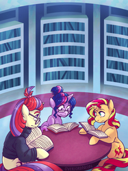 Size: 2000x2668 | Tagged: safe, artist:overlordneon, moondancer, sci-twi, sunset shimmer, twilight sparkle, pony, unicorn, g4, accessory swap, alternate cutie mark, alternate hairstyle, alternate universe, book, bookshelf, clothes, commission, fanfic, fanfic art, female, glasses, hair bun, high res, library, mare, reading, sitting, sweater, table, trio, unicorn twilight