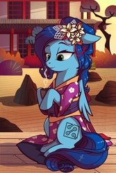 Size: 1000x1498 | Tagged: safe, artist:28gooddays, oc, oc only, oc:cerulean circuit, pegasus, pony, clothes, female, flower, flower in hair, food, kimono (clothing), mare, pillow, sitting, solo, tea, ych result