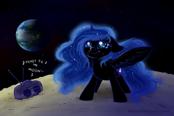 Size: 3000x2000 | Tagged: safe, artist:klarapl, nightmare moon, alicorn, pony, g4, crying, electric light orchestra, ethereal mane, female, filly, galaxy mane, high res, moon, nightmare woon, radio, sad, solo, song reference, space, ticket to the moon