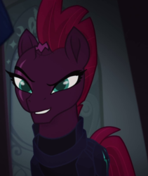 Size: 678x803 | Tagged: safe, screencap, tempest shadow, g4, my little pony: the movie, beautiful, broken horn, canterlot castle, cracked horn, cropped, eye scar, horn, raised eyebrow, scar, smiling, smirk, throne room