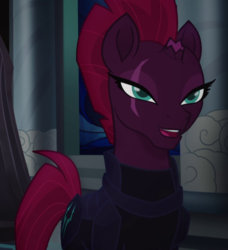 Size: 731x803 | Tagged: safe, screencap, tempest shadow, pony, unicorn, g4, my little pony: the movie, armor, beautiful, broken horn, canterlot castle, cracked horn, cropped, eye scar, female, horn, lidded eyes, mare, mohawk, scar, smiling, solo