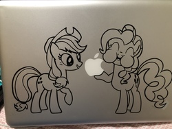 Size: 4032x3024 | Tagged: safe, applejack, pinkie pie, earth pony, pony, g4, apple, apple (company), computer, cowboy hat, duo, eating, female, food, hat, irl, laptop computer, macbook, macintosh (computer), mare, photo