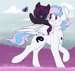 Size: 3307x3146 | Tagged: safe, artist:bubblyplanet, oc, oc only, oc:akasa, oc:starburn, alicorn, butterfly, pony, alicorn oc, concave belly, female, filly, high res, jewelry, necklace, oc riding oc, ponies riding ponies, riding, sternocleidomastoid