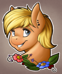 Size: 1262x1500 | Tagged: safe, artist:dunnowhattowrite, oc, oc only, oc:little rouge, earth pony, pony, bust, doodle, female, flower, portrait, smiling, solo