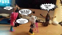 Size: 1400x787 | Tagged: safe, artist:stubbsville9588, photo finish, pinkie pie, equestria girls, g4, action figure, bray wyatt, camera, doll, equestria girls minis, humor, imac, irl, photo, the undertaker, toy, wwe