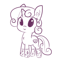 Size: 1650x1650 | Tagged: safe, artist:tjpones, sweetie belle, pony, unicorn, g4, chest fluff, clothes, cute, cutie mark, diasweetes, ear fluff, female, filly, horn, monochrome, music notes, simple background, smiling, socks, solo, the cmc's cutie marks, tjpones is trying to murder us, white background
