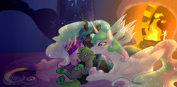 Size: 2809x1393 | Tagged: safe, artist:tejedora, princess cadance, princess celestia, queen chrysalis, oc, oc:reflex, alicorn, changeling, changeling queen, changepony, pony, g4, adopted offspring, blushing, cutie mark, fangs, fireplace, grooming, horn, lying down, momlestia, prone, sleeping, smiling, wings