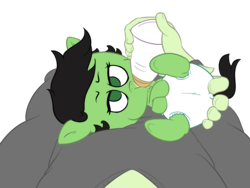 Size: 1600x1200 | Tagged: safe, artist:lazynore, oc, oc:anon, oc:filly anon, pony, annoyed, baby, baby pony, bottle feeding, cute, diaper, drinking, duo, female, filly, foal, holding, holding a pony, lidded eyes, looking at you, milk, offscreen character, on back, pov, simple background, solo focus, transparent background, underhoof