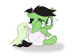 Size: 1600x1200 | Tagged: safe, artist:lazynore, oc, oc:anon, oc:filly anon, pony, angry, baby, baby pony, blushing, cute, diaper, diaper change, disembodied hand, duo, female, filly, floppy ears, foal, hairband, hand, lying down, offscreen character, scrunchy face, simple background, solo focus, sweat, sweatdrop, transparent background
