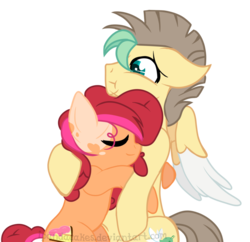 Size: 1024x993 | Tagged: safe, artist:ipandacakes, oc, oc only, oc:chimi cherry cheesecake, oc:darting fly, pegasus, pony, female, hug, male, mare, oc x oc, offspring, offspring shipping, parent:bulk biceps, parent:cheese sandwich, parent:fluttershy, parent:pinkie pie, parents:cheesepie, parents:flutterbulk, shipping, stallion, straight