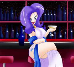 Size: 2089x1886 | Tagged: safe, artist:lucky-jj, rarity, human, alternative cutie mark placement, bar, bottle, clothes, crossed legs, dress, drink, female, glass, humanized, looking at you, open mouth, sitting, solo, stool, thighs, wine glass