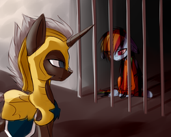 Size: 3313x2652 | Tagged: safe, artist:snowbunny0820, rainbow dash, pony, g4, abuse, cell, chains, clothes, cuffs, dashabuse, high res, prison outfit, prisoner, prisoner rd, royal guard, shackles, sitting