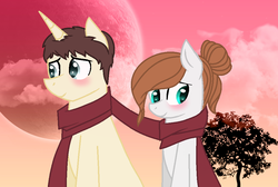 Size: 1000x672 | Tagged: safe, artist:cindystarlight, oc, oc only, oc:roxy, pegasus, pony, unicorn, clothes, female, male, mare, oc x oc, scarf, shared scarf, shipping, stallion