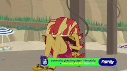 Size: 933x525 | Tagged: safe, screencap, sunset shimmer, equestria girls, equestria girls specials, g4, my little pony equestria girls: better together, my little pony equestria girls: forgotten friendship, animated, beach, book, clothes, feet, female, flip-flops, gif, legs, sandals, sarong, solo, summer sunset, swimsuit