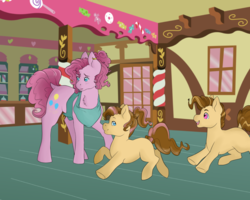 Size: 1024x819 | Tagged: safe, artist:uniquecolorchaos, pinkie pie, oc, oc:cheese cake, oc:peanut butter pie, earth pony, pony, g4, apron, clothes, colt, ear piercing, earring, female, filly, jewelry, male, mare, offspring, older, parent:cheese sandwich, parent:pinkie pie, parents:cheesepie, piercing, running