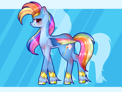 Size: 1400x1050 | Tagged: safe, artist:wintersporkle, rainbow dash, pegasus, pony, g4, abstract background, alternate cutie mark, alternate hairstyle, blushing, colored wings, countershading, female, g5 concept leak style, g5 concept leaks, mare, multicolored wings, rainbow dash (g5 concept leak), rainbow wings, solo, unshorn fetlocks, wings