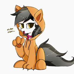 Size: 1400x1400 | Tagged: safe, artist:heddopen, oc, oc only, oc:noot, earth pony, pony, animal costume, cat costume, clothes, collar, costume, fangs, female, heart, hoodie, jewelry, kigurumi, lidded eyes, mare, meow, necklace, simple background, sitting, solo, white background