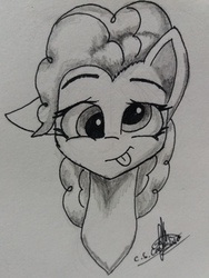 Size: 3096x4128 | Tagged: safe, artist:ironbeastz, pinkie pie, pony, g4, bust, derp, female, high res, monochrome, portrait, silly, silly pony, solo, tongue out, traditional art