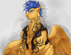 Size: 1024x796 | Tagged: safe, artist:makkah, flash sentry, pony, g4, buff, clothes, flash hunktry, jacket, male, muscles, punk, solo, tattoo
