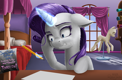 Size: 1632x1080 | Tagged: safe, artist:robin jacks, rarity, pony, unicorn, g4, bedroom, female, glowing horn, horn, magic, mannequin, mare, nervous, solo, window