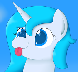 Size: 892x824 | Tagged: safe, artist:hartenas, oc, oc only, oc:crescendo, pony, unicorn, blue background, bust, female, icon, mare, portrait, profile picture, simple background, solo, tongue out