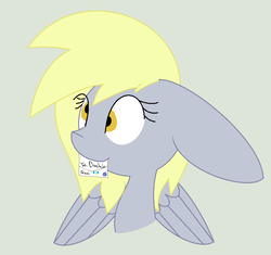 Size: 825x775 | Tagged: safe, artist:suziemaggo, derpy hooves, pony, g4, bust, female, floppy ears, letter, mouth hold, portrait, simple background, solo
