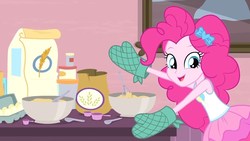 Size: 1280x720 | Tagged: safe, screencap, pinkie pie, equestria girls, g4, my little pony equestria girls: better together, pinkie sitting, female, flour, mittens, solo