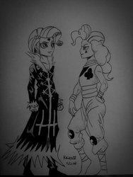 Size: 1024x1365 | Tagged: safe, artist:kaizo111, pinkie pie, rarity, equestria girls, g4, chrollo lucilfer, clothes, cosplay, costume, crossover, hisoka morow, hunter x hunter, monochrome, traditional art