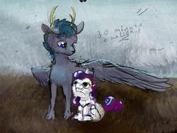 Size: 1280x961 | Tagged: safe, artist:xbi, sweetie belle, oc, oc only, oc:cannibalus, deer, deer pony, original species, peryton, pony, robot, robot pony, unicorn, g4, 30 minute art challenge, female, filly, foal, hooves, horn, male, sitting, solo, spread wings, sweetie bot, text, wings