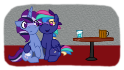 Size: 763x430 | Tagged: safe, artist:moonrose95, oc, oc only, oc:dusk star, oc:firework, pegasus, pony, unicorn, kindverse, gay, male, offspring, parent:rainbow dash, parent:silver script, parent:soarin', parent:twilight sparkle, parents:soarindash, parents:twiscript