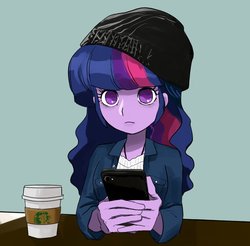 Size: 914x898 | Tagged: safe, artist:bojack_mlplove, pinkie pie, twilight sparkle, human, equestria girls, g4, beanie, cellphone, coffee, cute, female, hat, looking at you, no pupils, phone, solo, starbucks, table, twiabetes