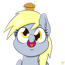 Size: 1000x1000 | Tagged: safe, artist:yakoshi, derpy hooves, pony, g4, cute, female, food, muffin, open mouth, smiling, solo