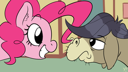 Size: 1920x1080 | Tagged: safe, artist:yakoshi, cranky doodle donkey, pinkie pie, donkey, pony, a friend in deed, g4, duo, ear fluff, female, floppy ears, frown, grin, male, mare, scene interpretation, smiling