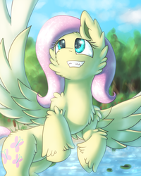 Size: 1620x2025 | Tagged: safe, artist:shad0w-galaxy, fluttershy, pony, g4, anatomically incorrect, female, fluffy, flying, sidemouth, smiling, solo, unshorn fetlocks