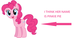 Size: 1732x882 | Tagged: safe, pinkie pie, earth pony, pony, g4, arrow, captain obvious, caption arrow, female, image macro, meme, no shit sherlock, open mouth, simple background, solo, text, white background, you don't say