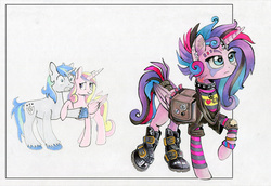 Size: 999x686 | Tagged: safe, alternate version, artist:maytee, princess cadance, princess flurry heart, shining armor, alicorn, pony, unicorn, g4, boots, bracelet, censored vulgarity, choker, clothes, dyed mane, ear piercing, earring, female, horn, horn ring, it's a phase, it's not a phase, jewelry, male, mare, older, older flurry heart, piercing, princess emo heart, saddle bag, shoes, stallion, tattoo, teenager