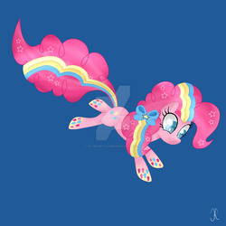 Size: 1024x1024 | Tagged: safe, artist:stardustglowe, pinkie pie, earth pony, pony, g4, blue background, female, rainbow power, simple background, solo, watermark