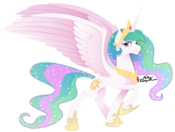 Size: 3200x2400 | Tagged: safe, artist:theartsyemporium, princess celestia, alicorn, pony, g4, ear fluff, female, high res, lidded eyes, looking at you, mare, photoshop, raised hoof, simple background, smiling, solo, sparkles, spread wings, transparent background, wings