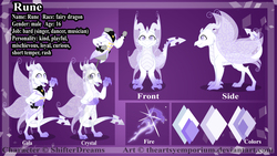 Size: 4800x2700 | Tagged: safe, artist:theartsyemporium, oc, oc:rune, crystal pony, dragon, fairy, bard, clothes, crystallized, fantasy class, fire, horns, reference sheet, suit
