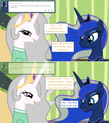 Size: 1280x1444 | Tagged: safe, artist:hakunohamikage, princess celestia, princess luna, pony, ask-princesssparkle, g4, ask, duo, female, gray mane, hospital, older, tumblr