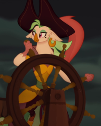 Size: 642x803 | Tagged: safe, screencap, captain celaeno, parrot pirates, anthro, g4, my little pony: the movie, beauty mark, cropped, ear piercing, earring, female, hat, jewelry, piercing, pirate, pirate hat, solo, wheel