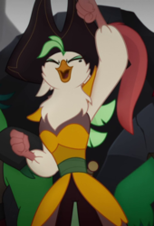 Size: 546x803 | Tagged: safe, screencap, captain celaeno, parrot pirates, anthro, g4, my little pony: the movie, beauty mark, cropped, eyes closed, female, happy, hat, pirate, pirate hat, solo